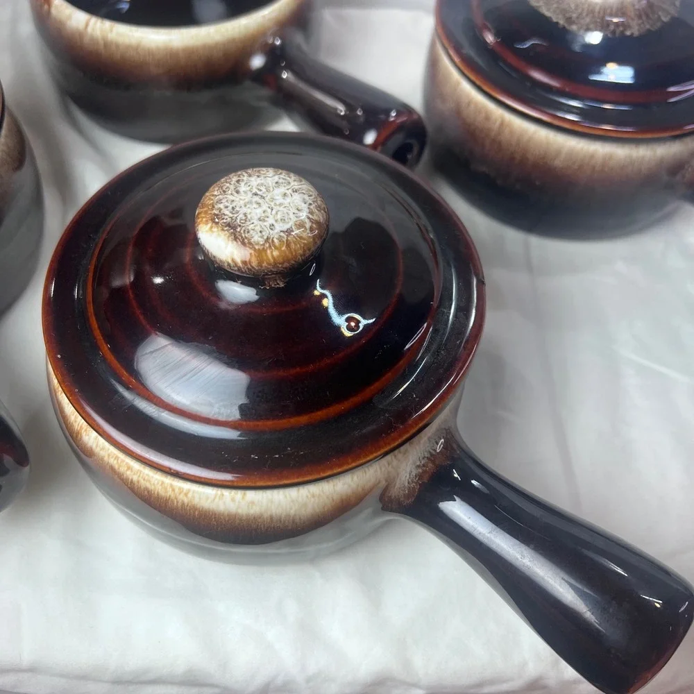 Vintage Brown Drip Glaze Ceramic Soup Crocks with Mushroom Lids Set of 4